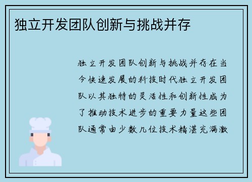 独立开发团队创新与挑战并存